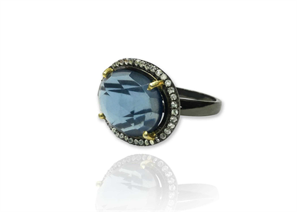 Black Rhodium Plated CZ With Blue Gemstone Fashion Ring